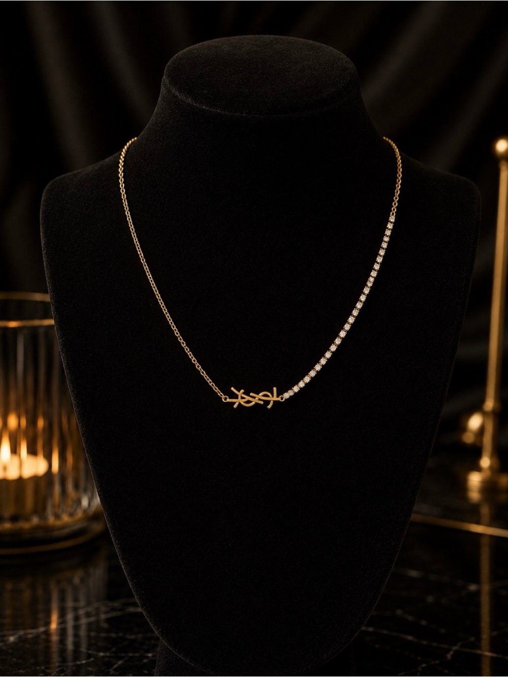 18K Gold YSL Monogram Crystal Tennis Chain
Statement Necklace